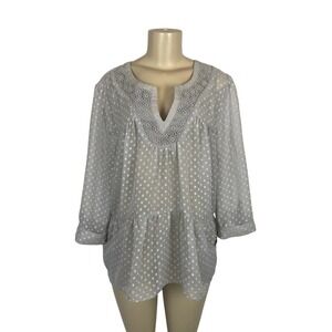 Daniel Rainn Sheer Textured Swiss Dot Lace Trim Tunic Top Blouse XL Office Boho